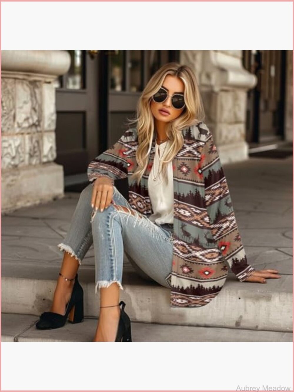Women's Aztec Open-Front Jacket Lightweight Casual Cardigan Long Sleeve - Picture 3 of 6